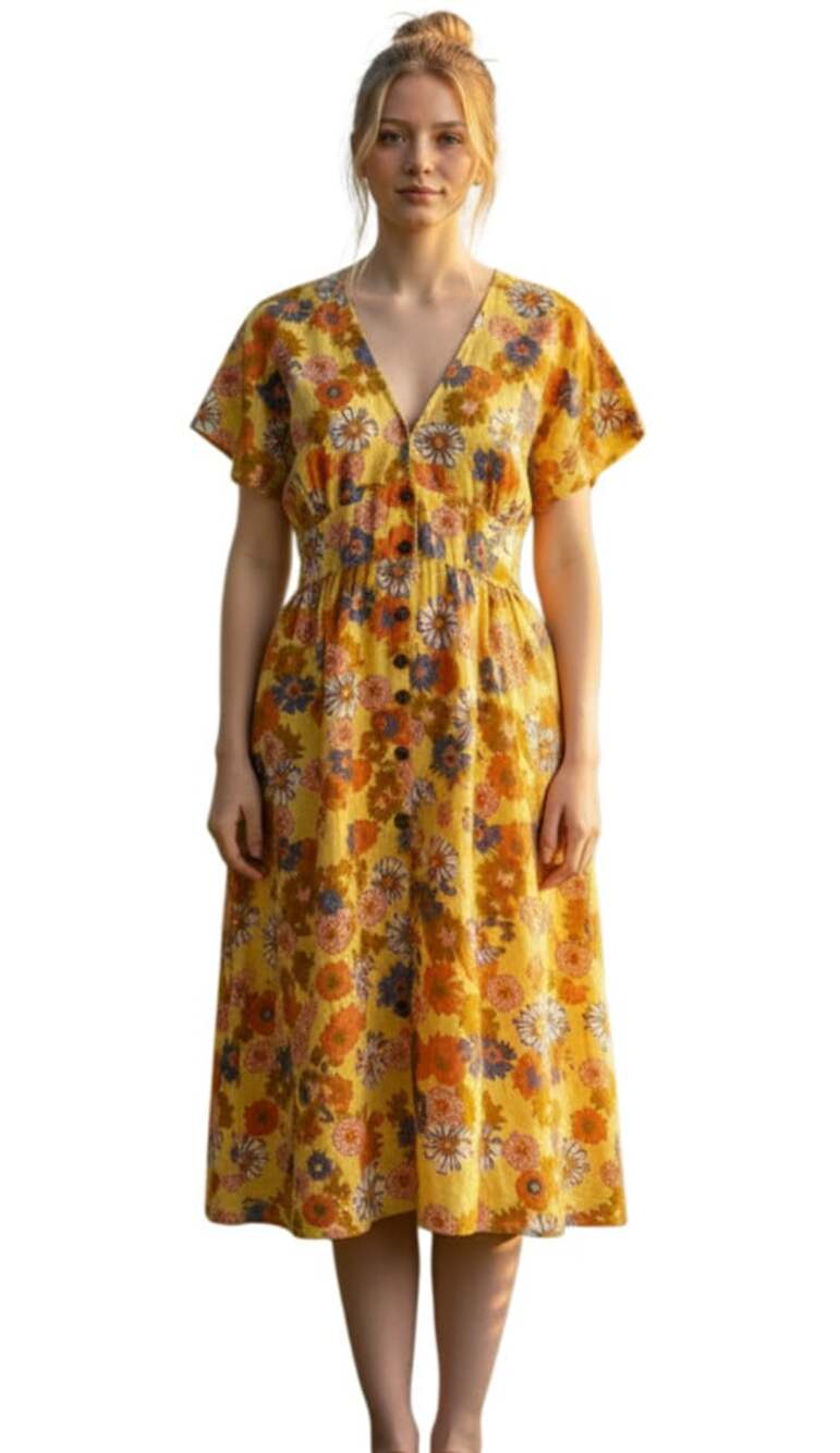 Marine Layer Camila Mini Dress Womens Size L Yellow Retro Floral Hemp Lyocell